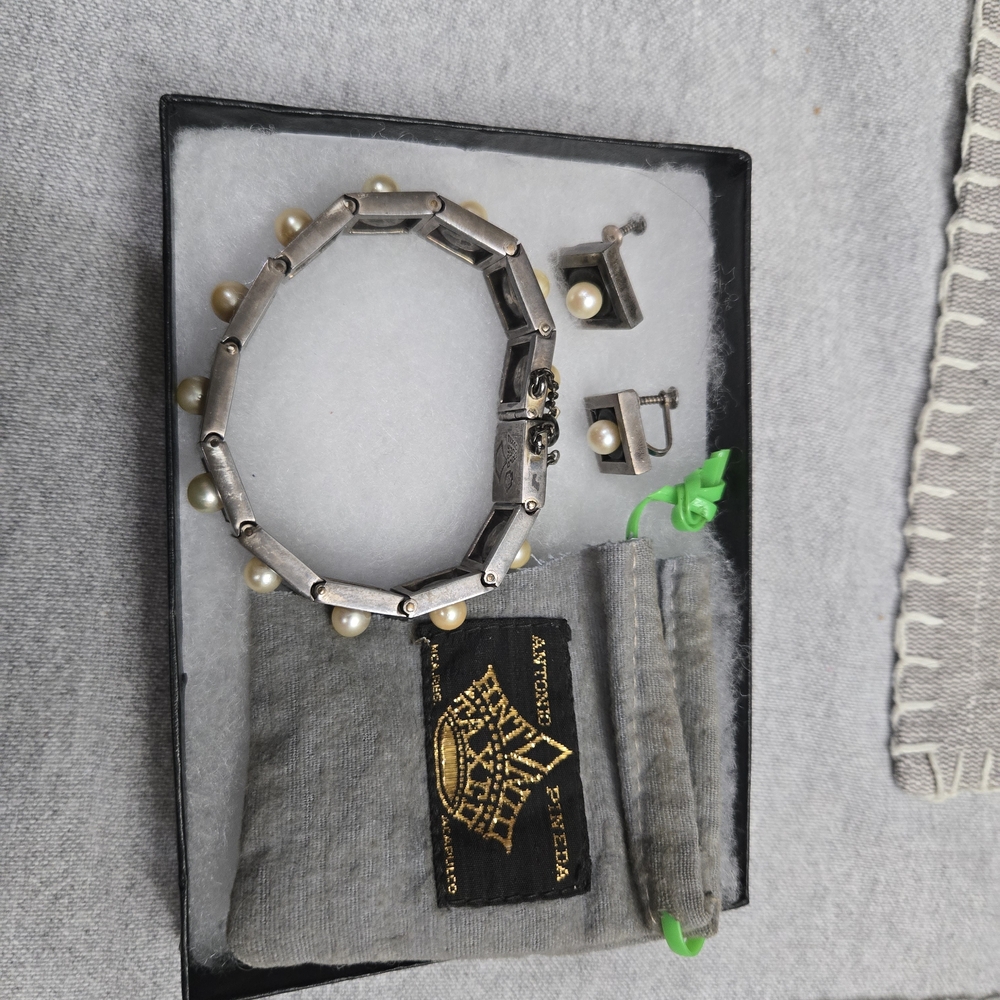 Taxco Silver And Pearl Bracelet And Earrings Set By Antonio Pineda Antique